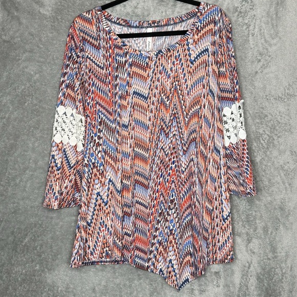 NY Collection XL Top Shirt Orange Striped Scoop Neck Bell 3/4 Sleeve Stretch - Picture 1 of 8